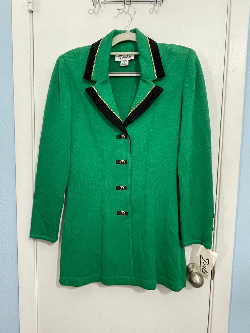 Toula Santana Knit Jacket Size 4 Kelly Green Wool Blend Fleur De Lis Button NWT